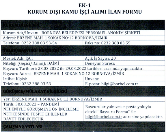 İzmir İZELMAN ve Bornova Belediyesi 36 Kamu İşçisi Alımı Yapacak!
